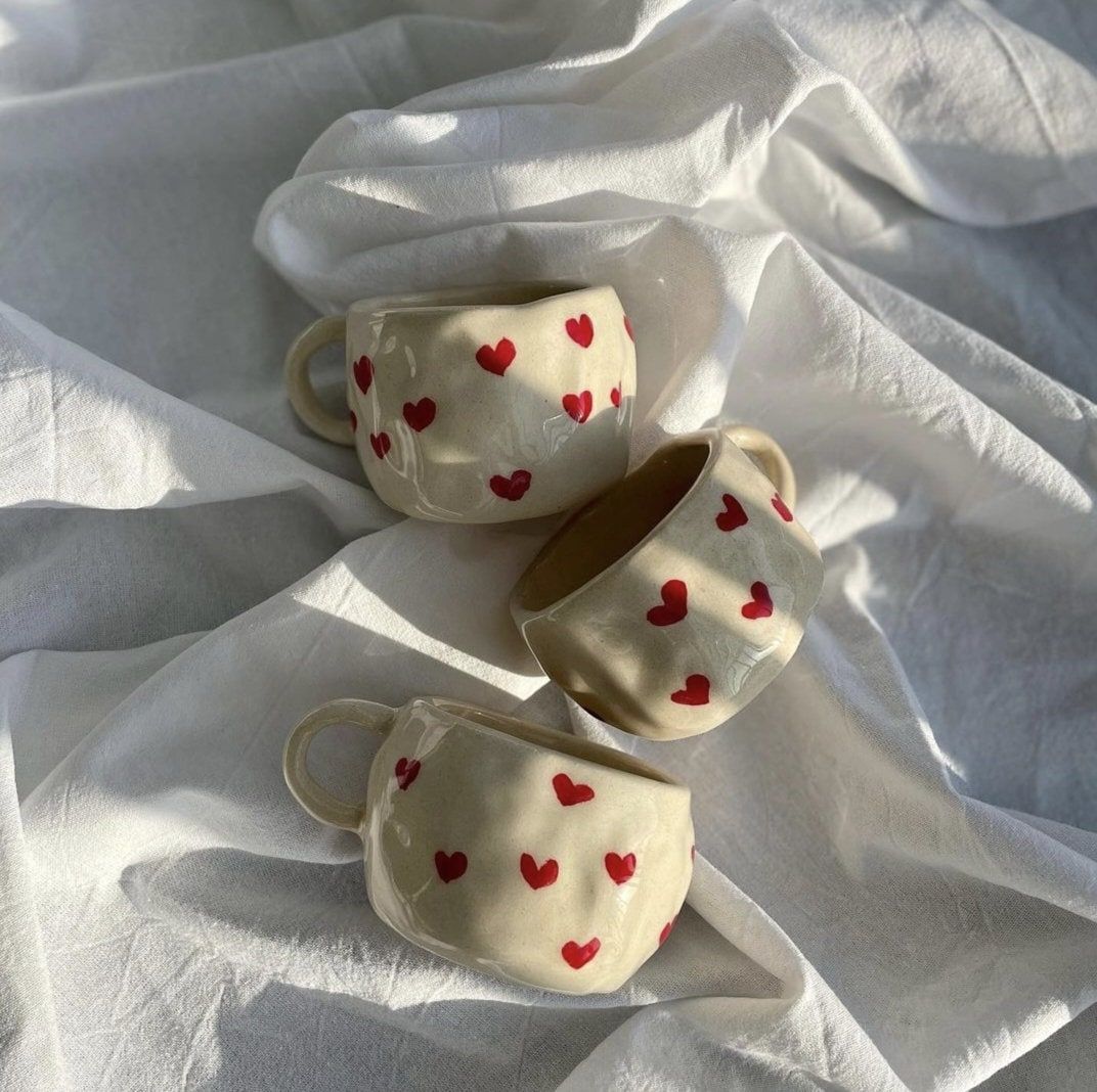 Handcrafted Ceramic Heart Print TeaCups (Set of 3)