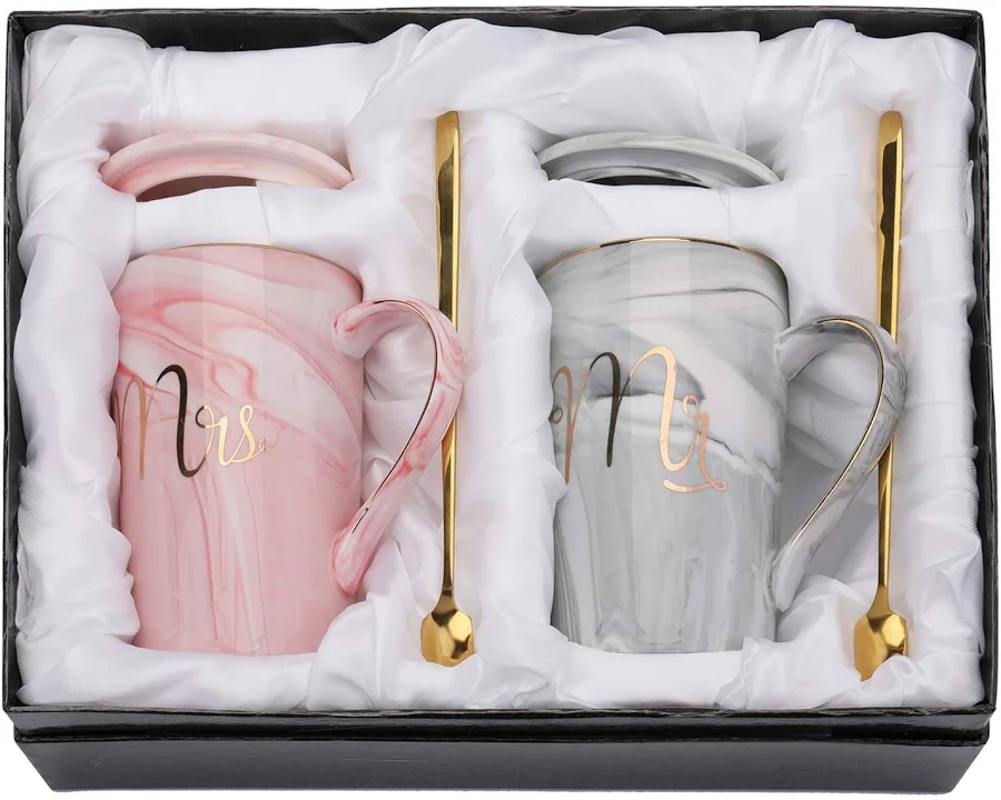 Mr & Mrs Marble Ceramic Mug Gift Set with Gold Spoons