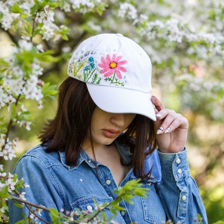 Floral Embroidered White Cotton Cap