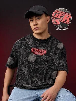 Stranger Things Black Graphic T-Shirt for Men